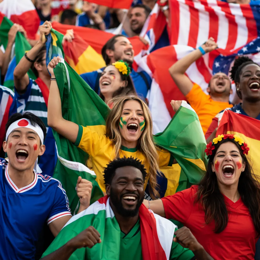 Diverse group of international football fans holding generic national flags, che