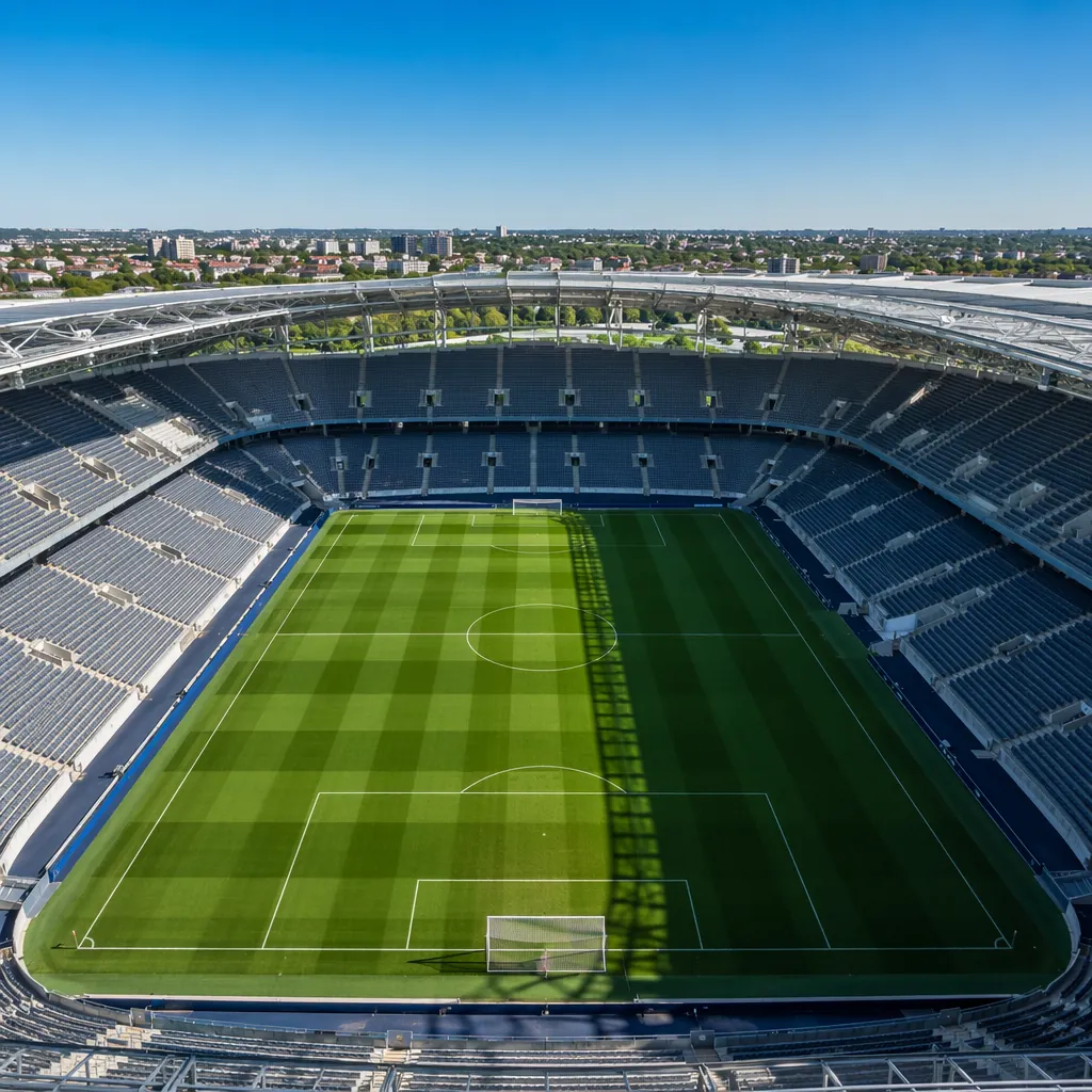 Aerial view of a modern football stadium with green pitch, empty seats before ma