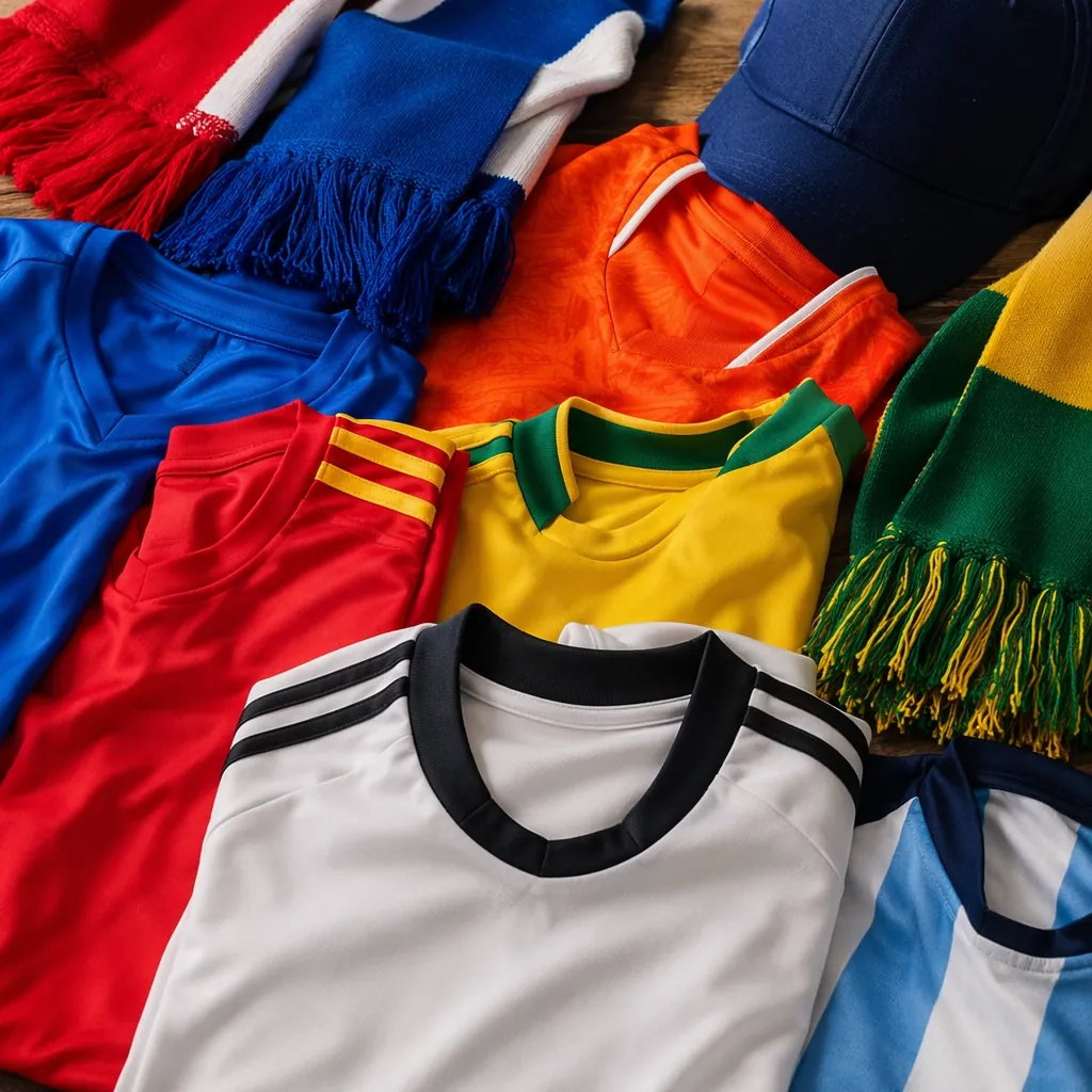 Close up of generic football merchandise (jerseys, scarves, hats) in various nat