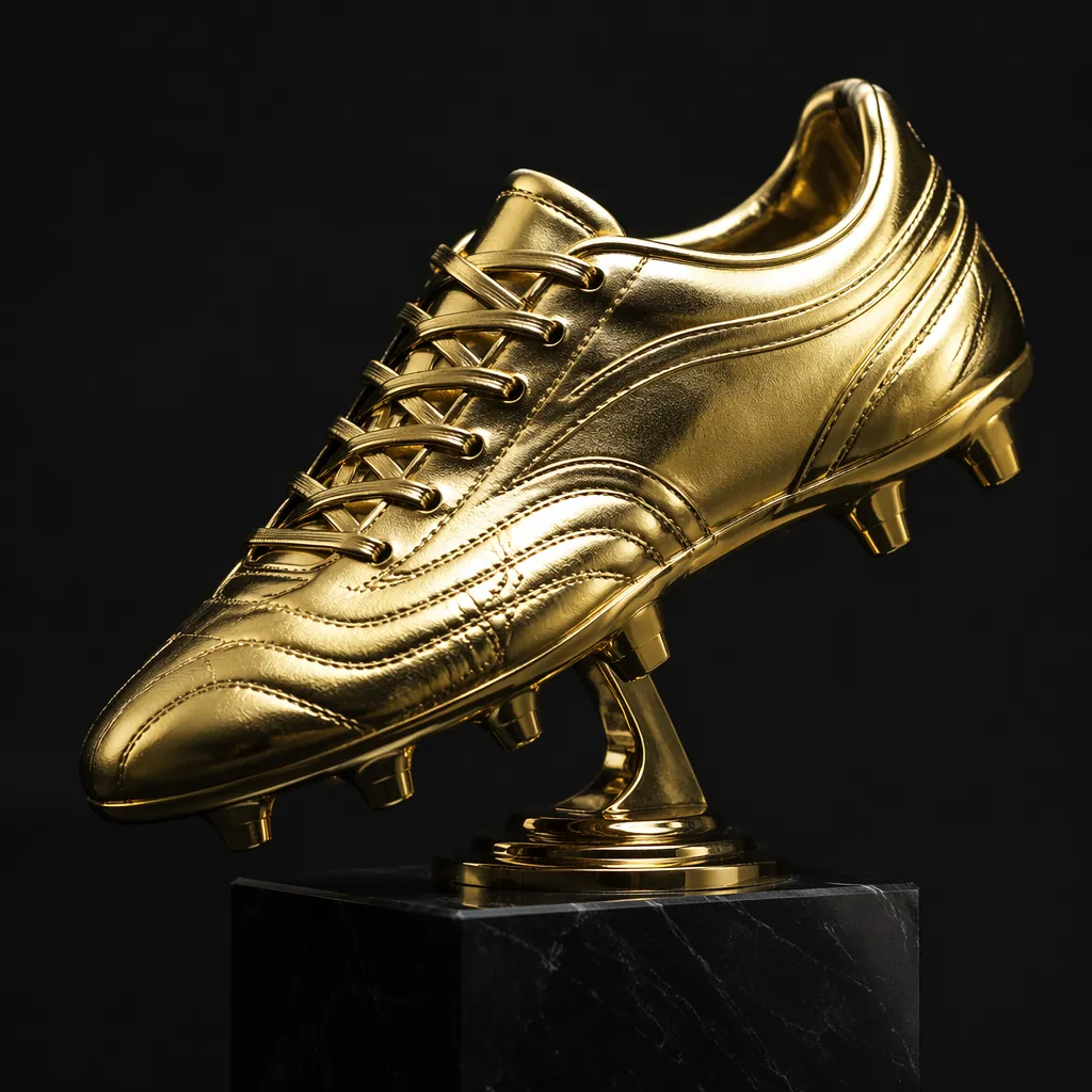 Close up of a golden football boot trophy on a dark matte background, soft studi
