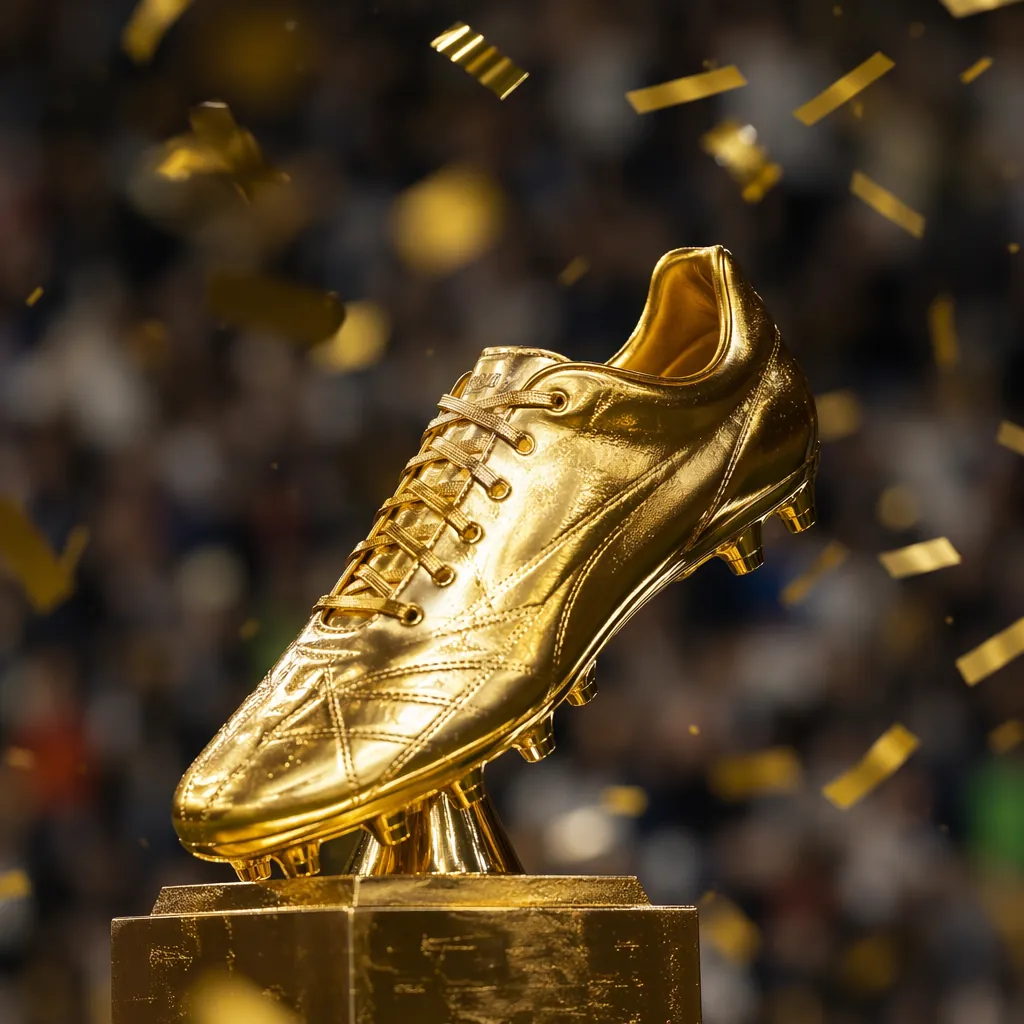 Close up of a golden football boot trophy with confetti falling around it, soft 