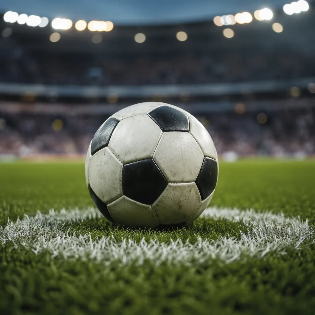 Close up of a traditional football resting on the center spot of a professional
