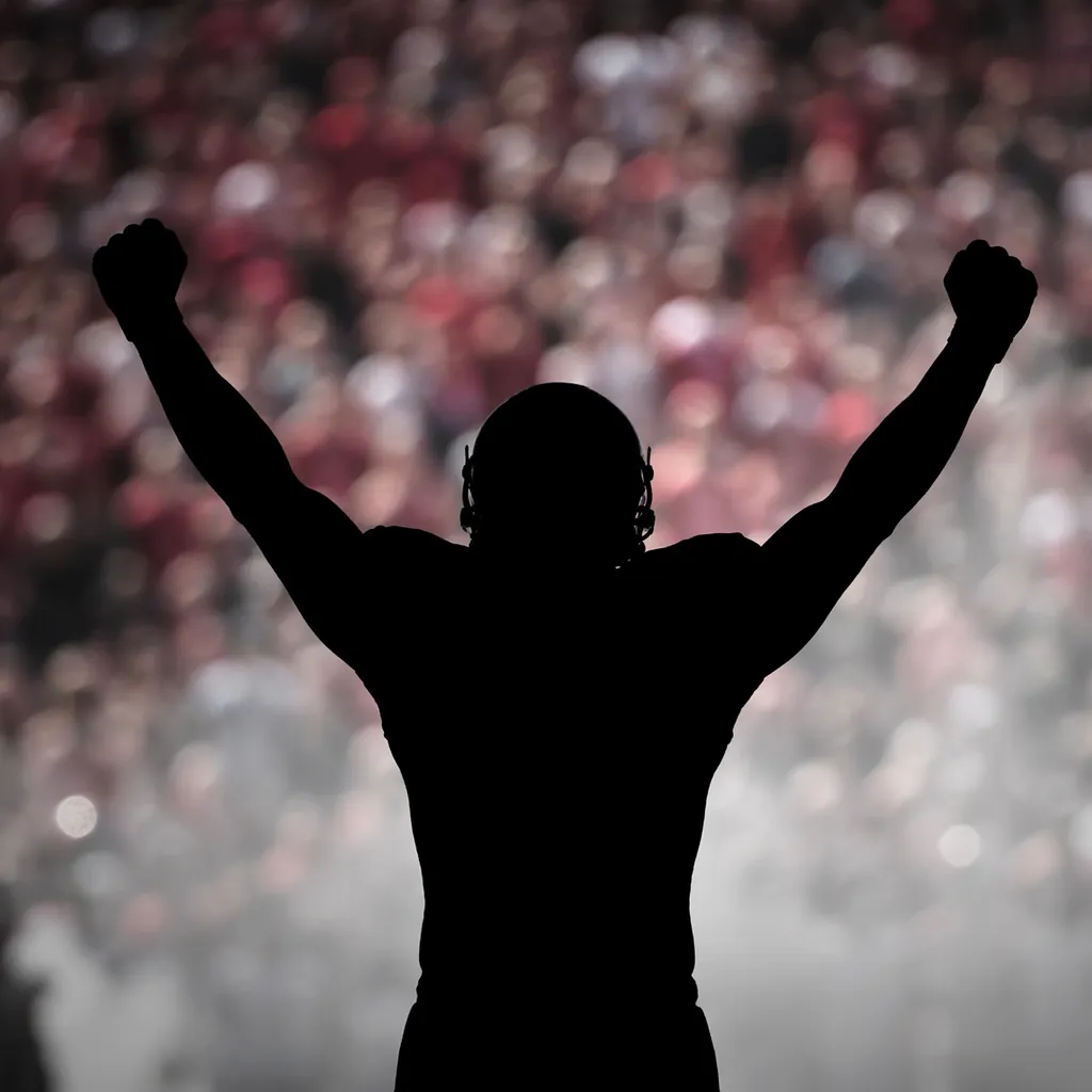 Silhouette of a football player raising arms in celebration, blurred cheering cr