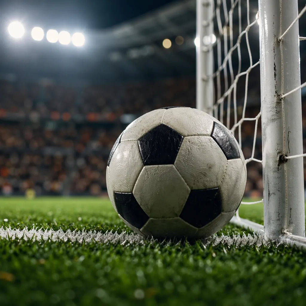 Close up shot of a football crossing the goal line, soft stadium lights in the b