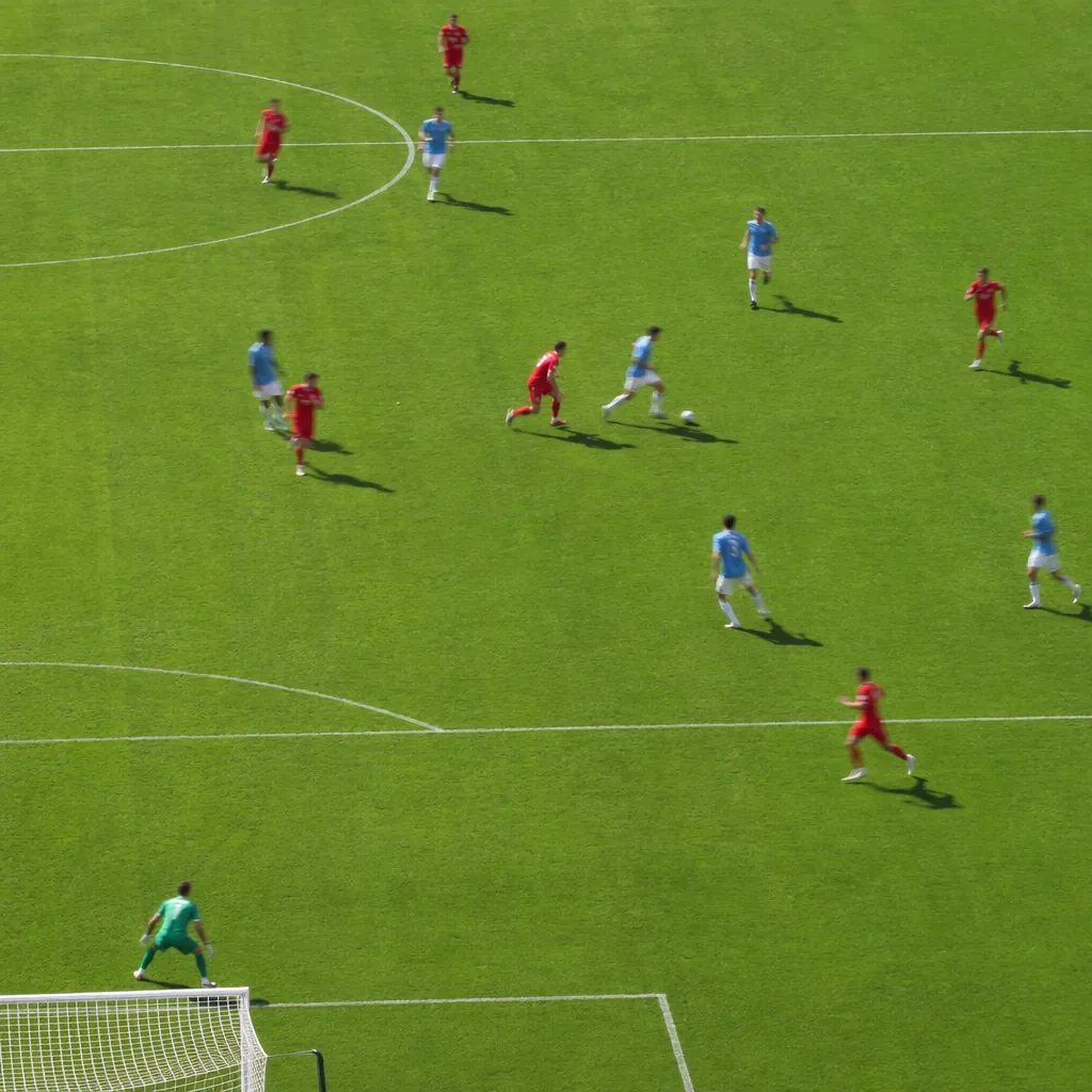 High angle shot of a football pitch with players in motion (all faces blurred), 