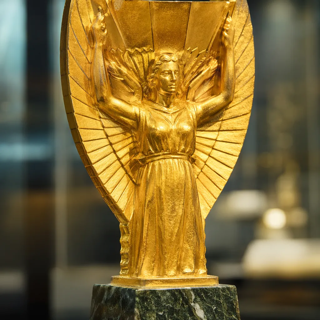Close-up of Jules Rimet Trophy details, delicate gold plating texture, marble ba