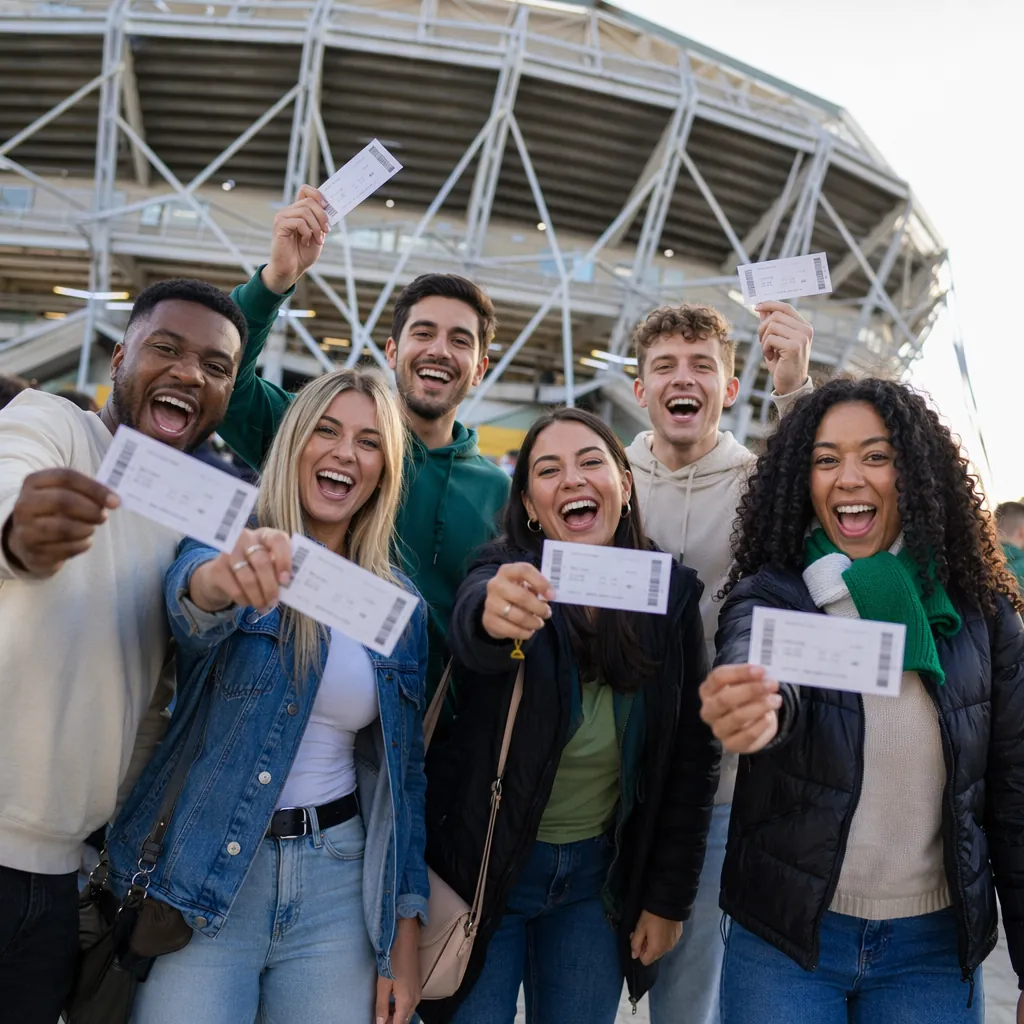 Wide shot of diverse soccer fans holding generic paper tickets outside a stadium