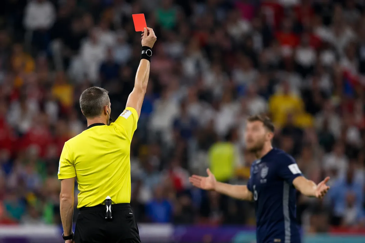 Professional sports editorial photograph, wide shot of a World Cup football match, referee