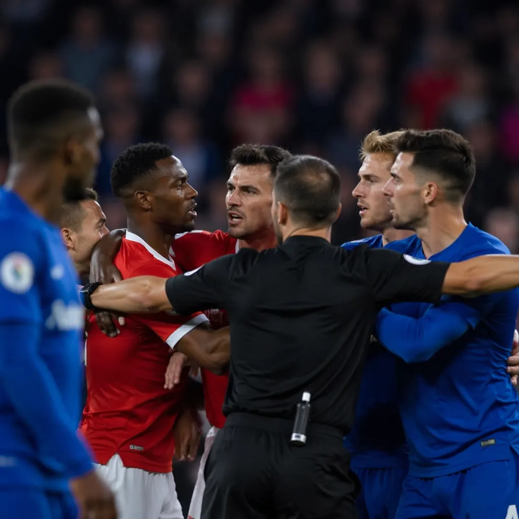 Photograph of blurred football players in a tense confrontation on the pitch, re
