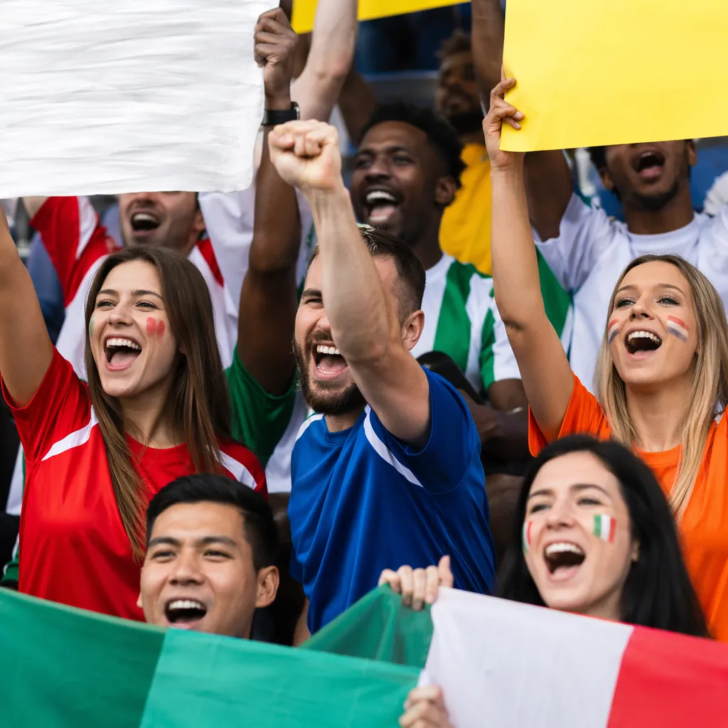 Close up of football fans cheering in stadium stands, wearing colorful national 