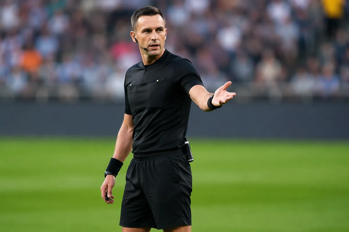 Editorial news photo of a professional football referee in black uniform standing on a gre
