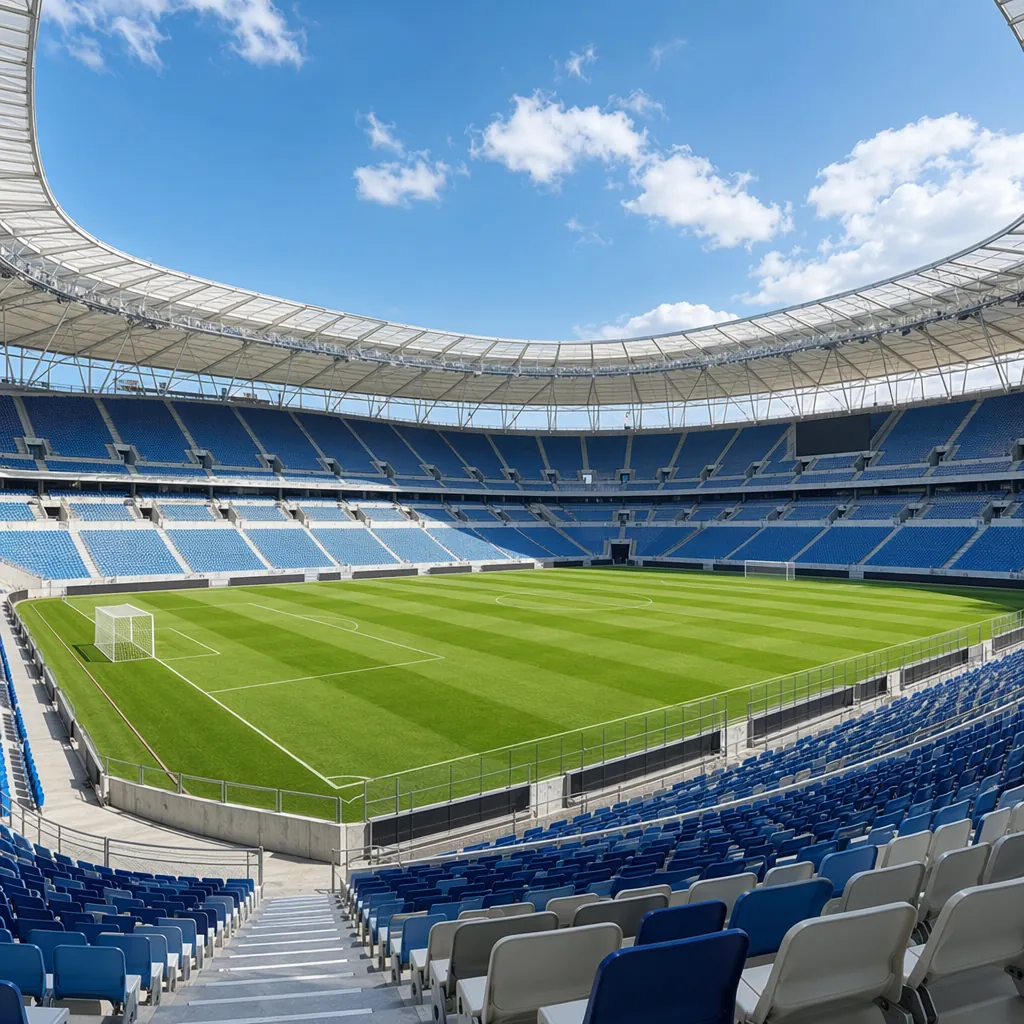 Wide shot of a modern world cup football stadium with empty spectator seats, bri