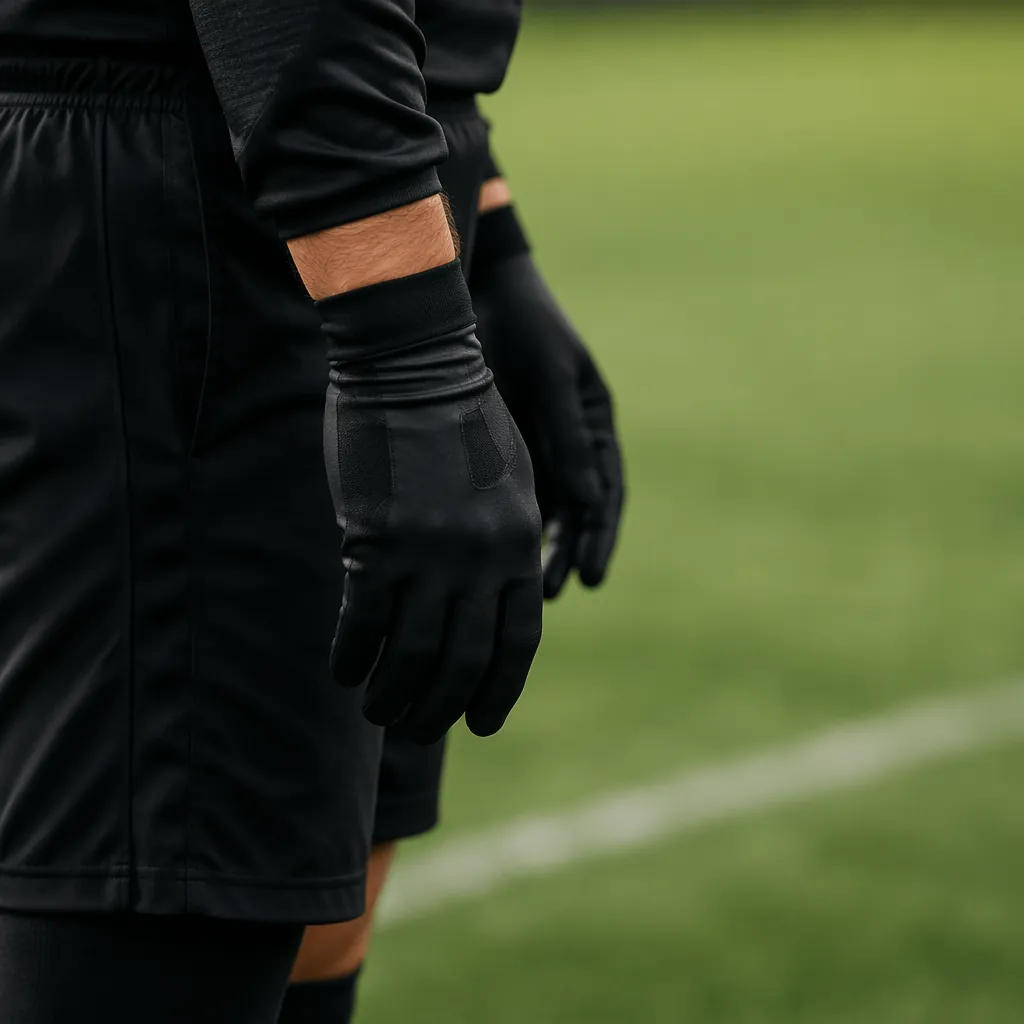 Close up shot of a referee's hands resting at his side, wearing black official g