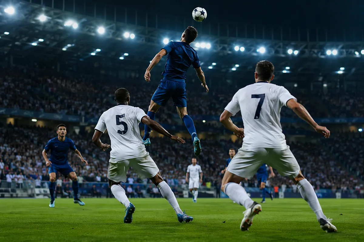 Professional football match action shot of a player leaping to head the ball, bright stadi