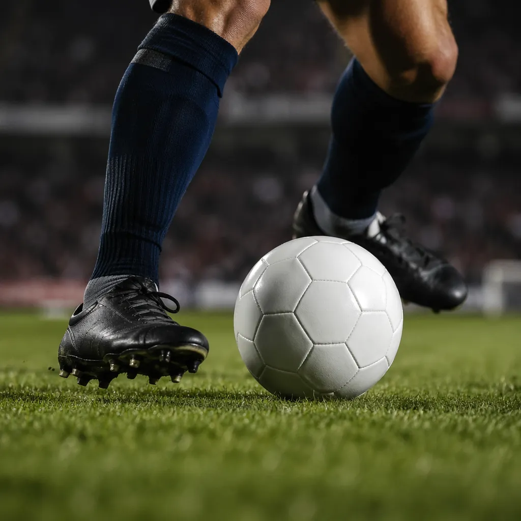 Close up shot of a soccer player's feet dribbling a white soccer ball on green g