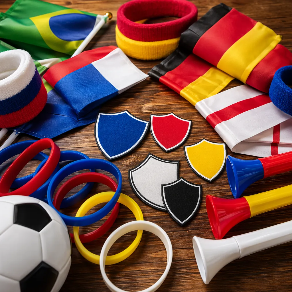 Close up of various unbranded football fan merchandise laid out on a wooden tabl