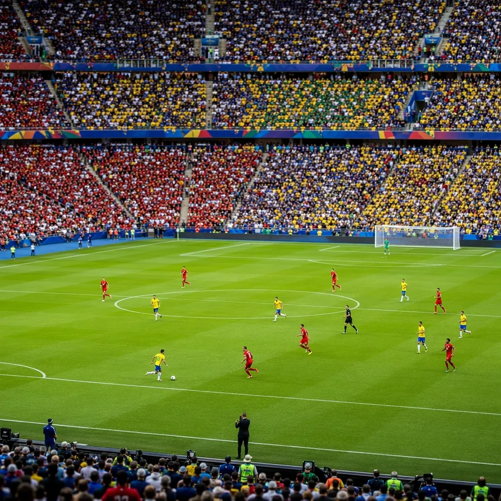 Wide shot of a World Cup group stage match in progress, players running on the p