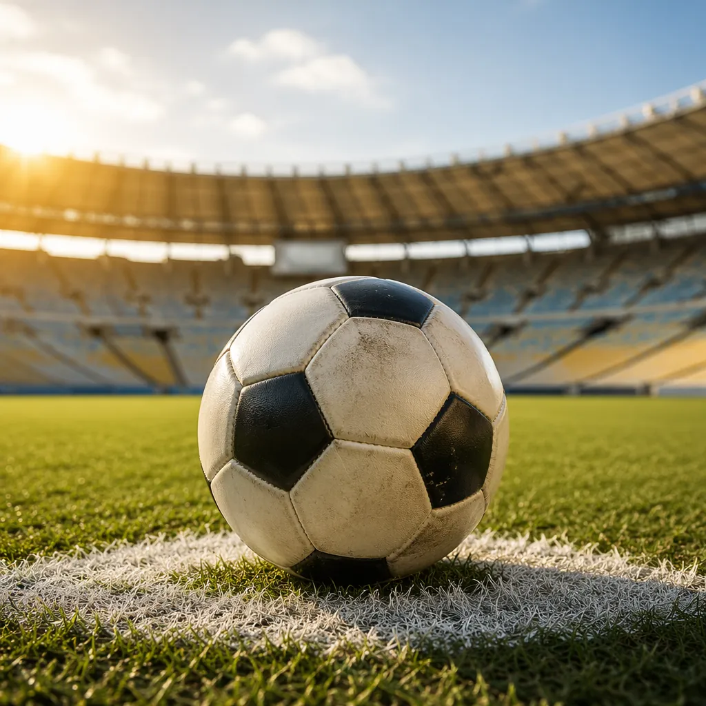 Close-up of a traditional football resting on the penalty spot in a sunlit World