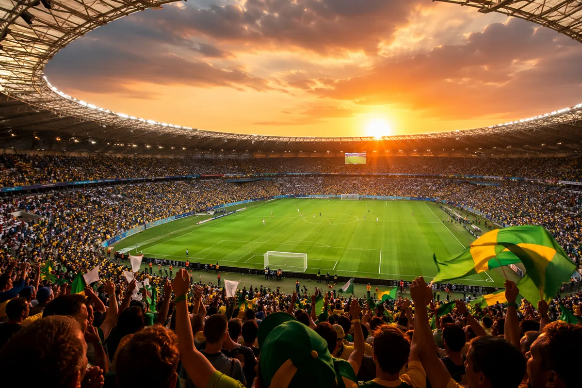 Wide shot of a World Cup opening match stadium at sunset, full of cheering fans, green foo