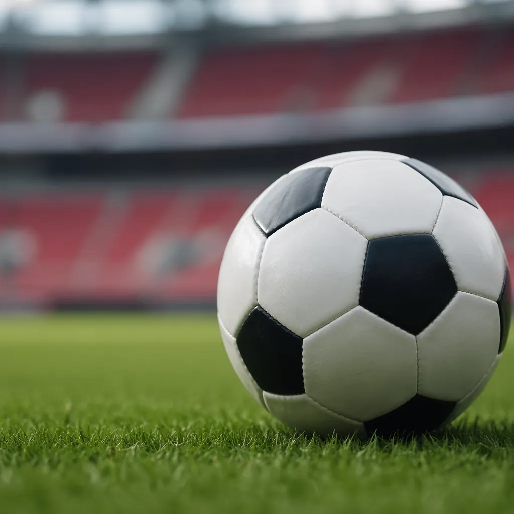 Close up of a football on a green pitch, with blurred stadium seats in the backg