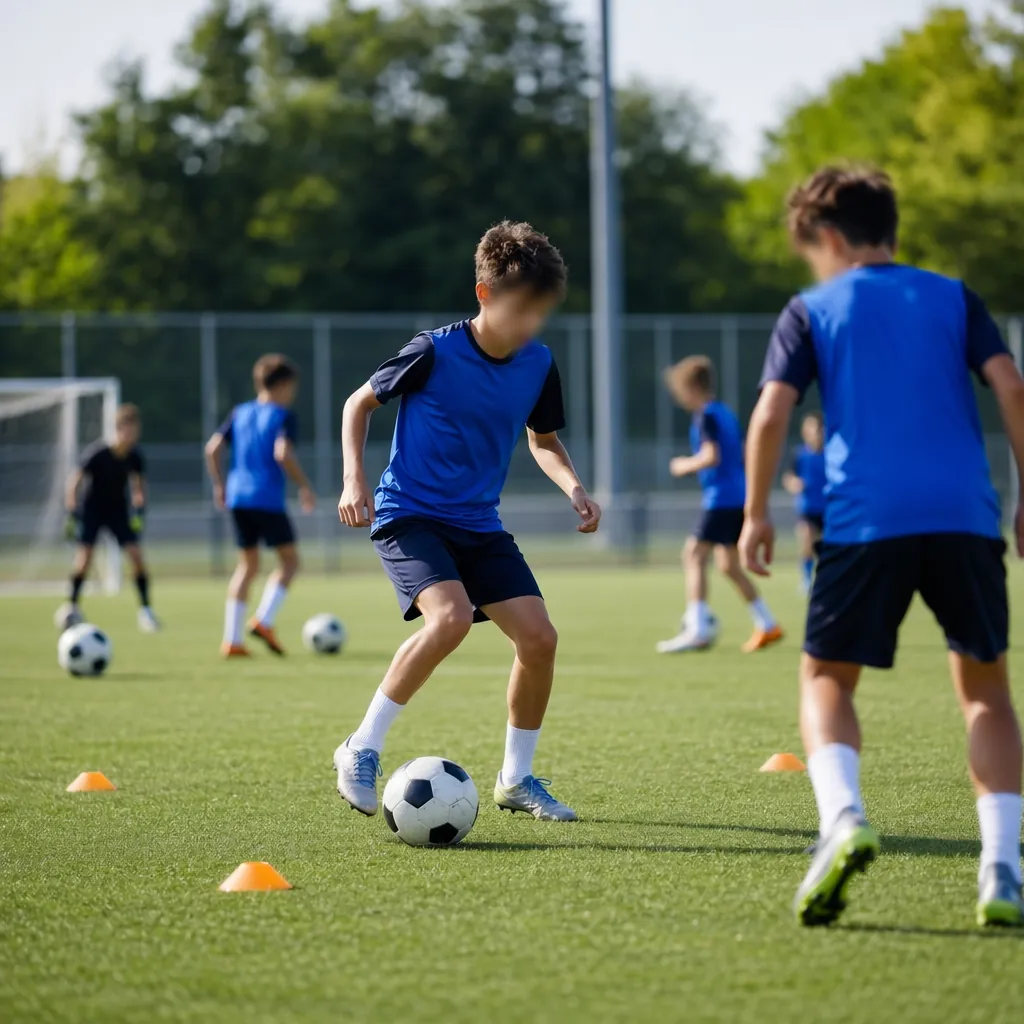 Wide shot of young football players training on a pitch, blurred faces, no team